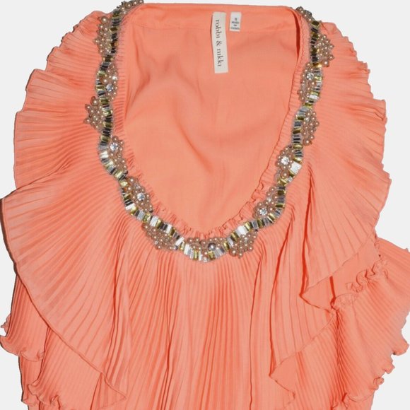ROBBI & NIKKI SZ S SMALL ORANGE CORAL PLEATED RUFFLES BEADS DRESS KNEE LENGTH - Picture 5 of 7